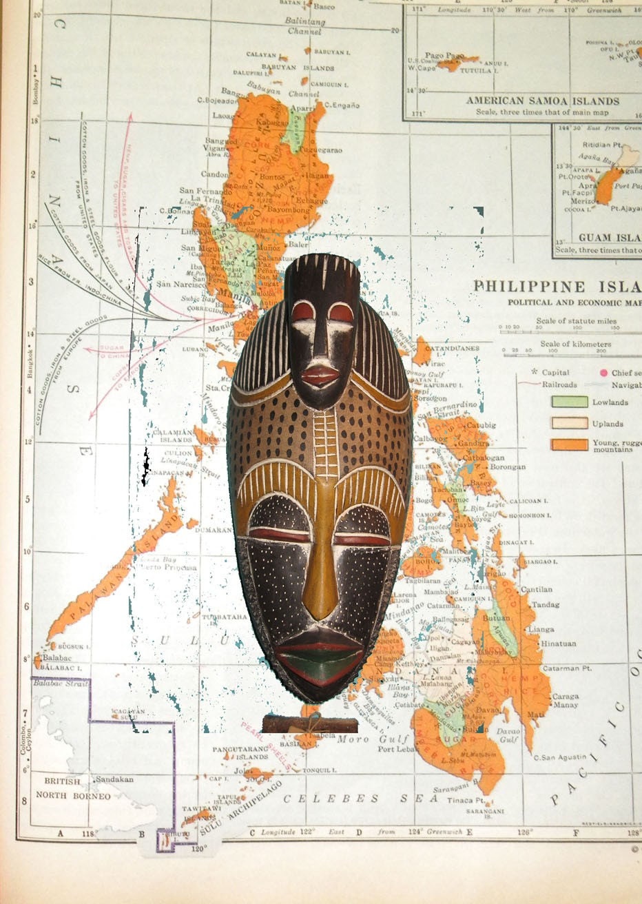 Native Mask Collage on Vintage Philippine Island Map Print