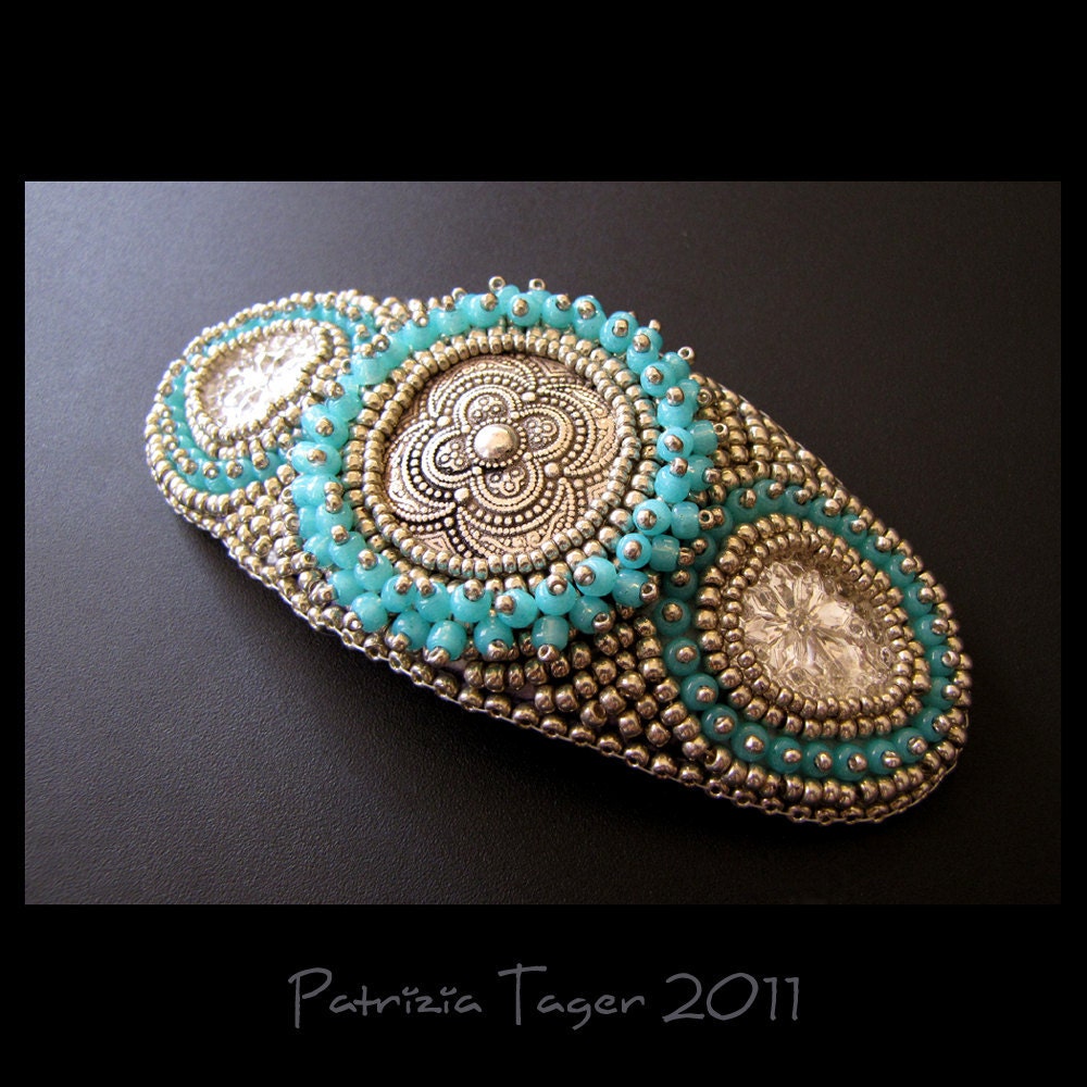 Silver & Turquoise Bead Embroidered Beaded Hair Barrette