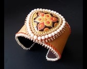 SALE 25% OFF - Trillium - Orange, Cream & Brown  Bead Embroidered Leather Beaded Cuff