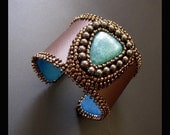 SALE 25% OFF - Brown and Turquoise Bead Embroidered Leather Beaded Cuff
