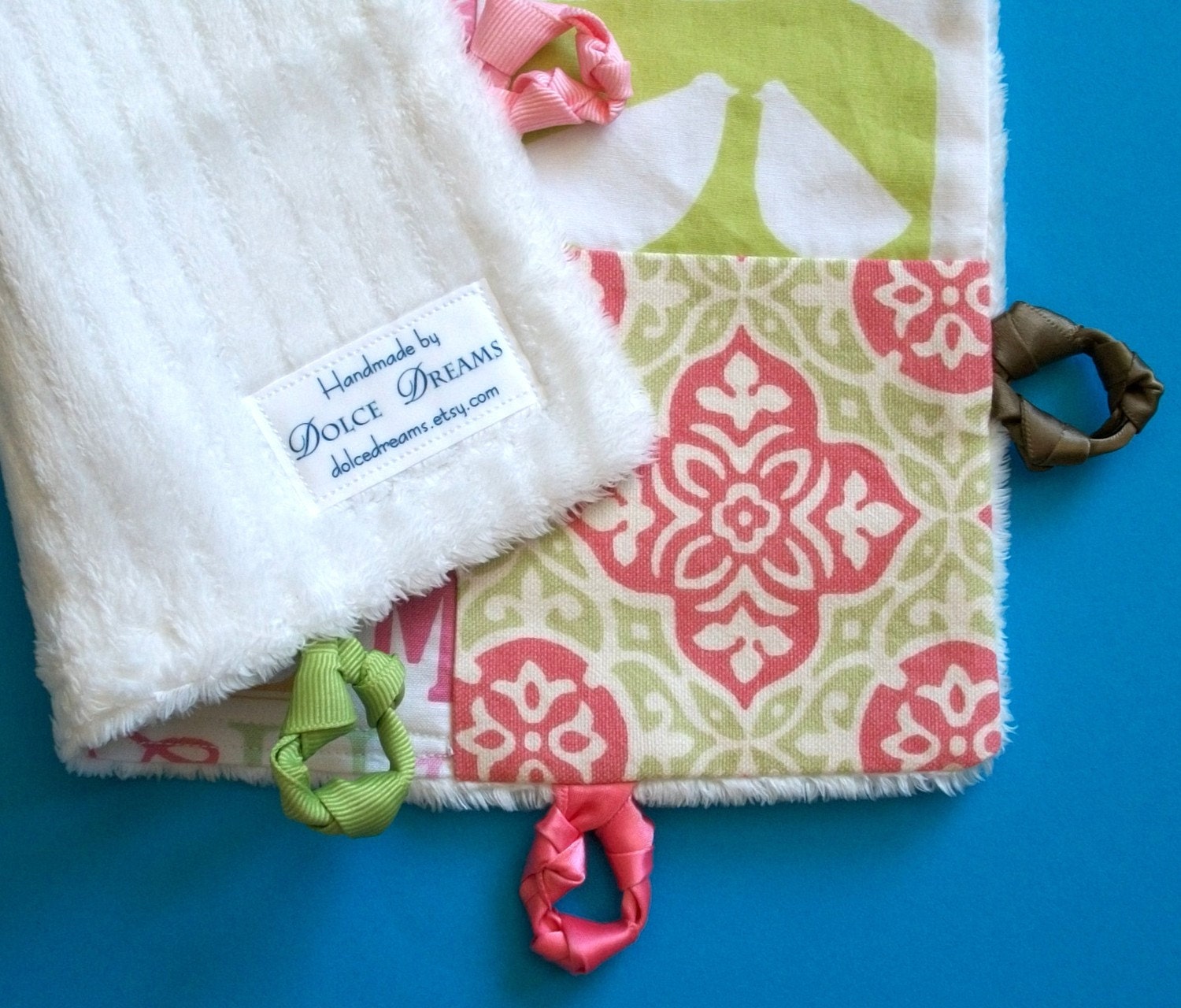 Personalized Lovey Girl Blanket  with Hand Embroidery and Knotties by Dolce Dreams