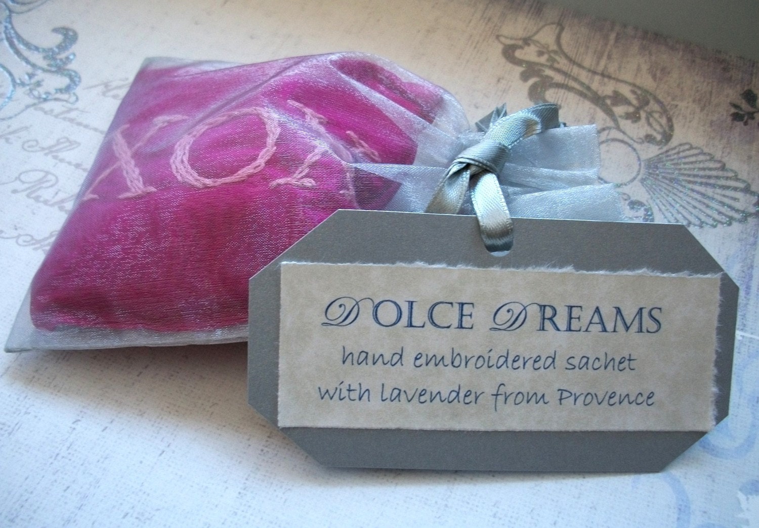 Gift for Her Pink Lavender Sachet Hand Embroidered by Dolce Dreams