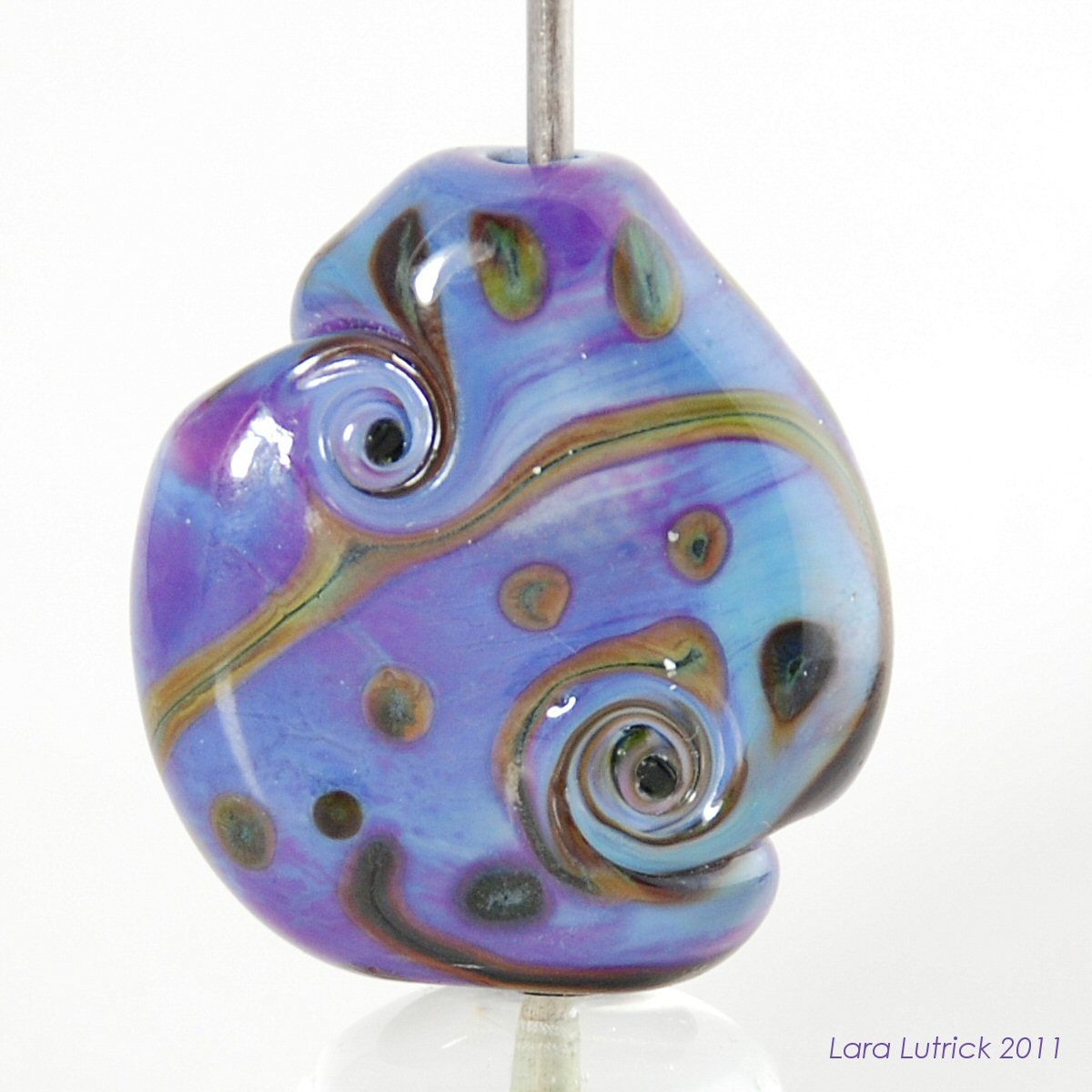 Purple Handmade Lampwork Glass Bead with Raku Scrolls and Dots