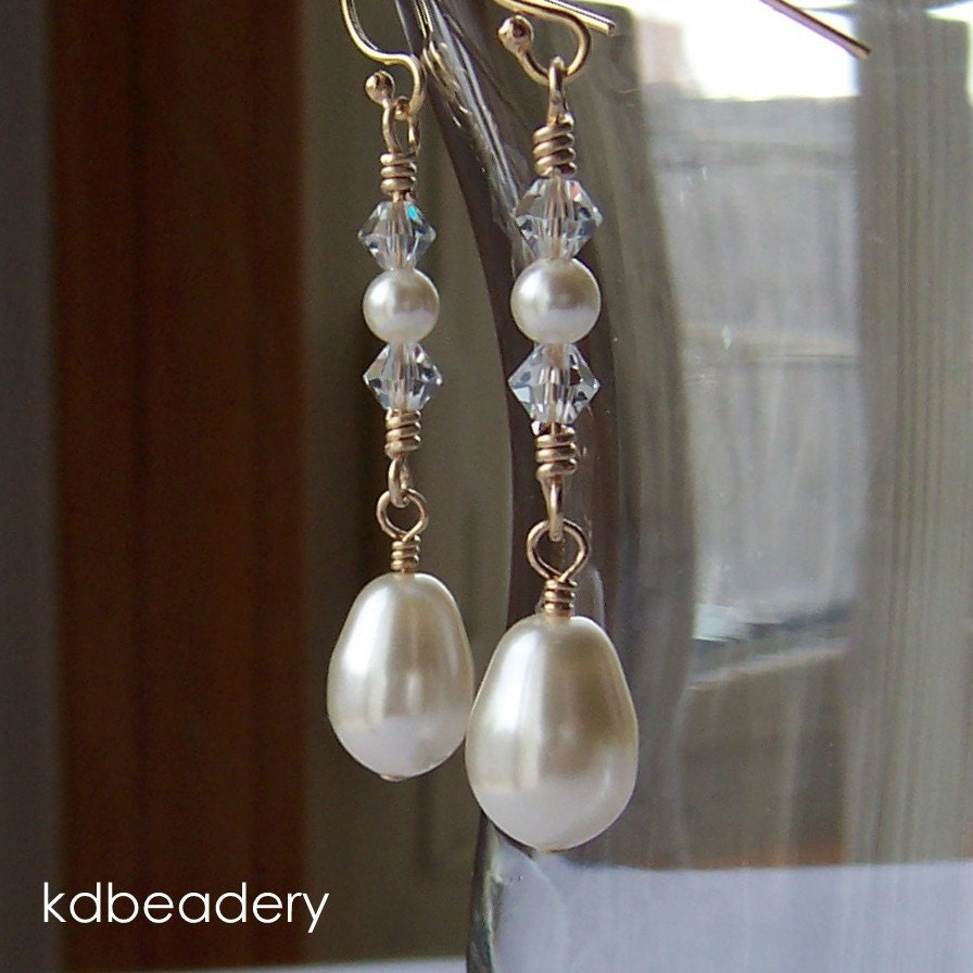 Swarovski Pearl Drop and Gold Earrings. Bridal. 14k Gold Filled.