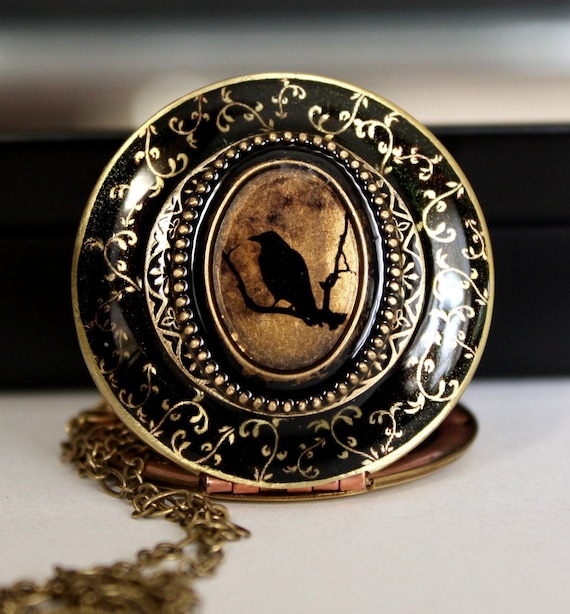 Locket, Image Locket, Resin Locket, Picture Locket, Bird Locket, Black Necklace, Vintage Locket, Bridal Necklace