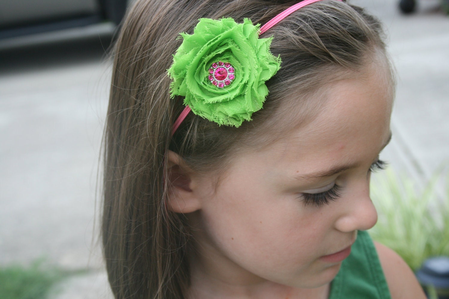 Lime green frayed rosette headband ANY size newborn to adult