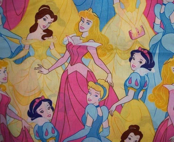 1 Yard - Princess 100 Percent Cotton Fabric - Disney Characters Cinderella Snow White Belle Yellow Aqua Pink