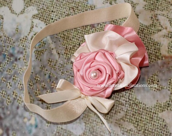 In Love in Paris - Handmade Pink Rosette with Ivory Ruffles Headband - Photo Prop for Newborns, Girls or Toddlers and Adults