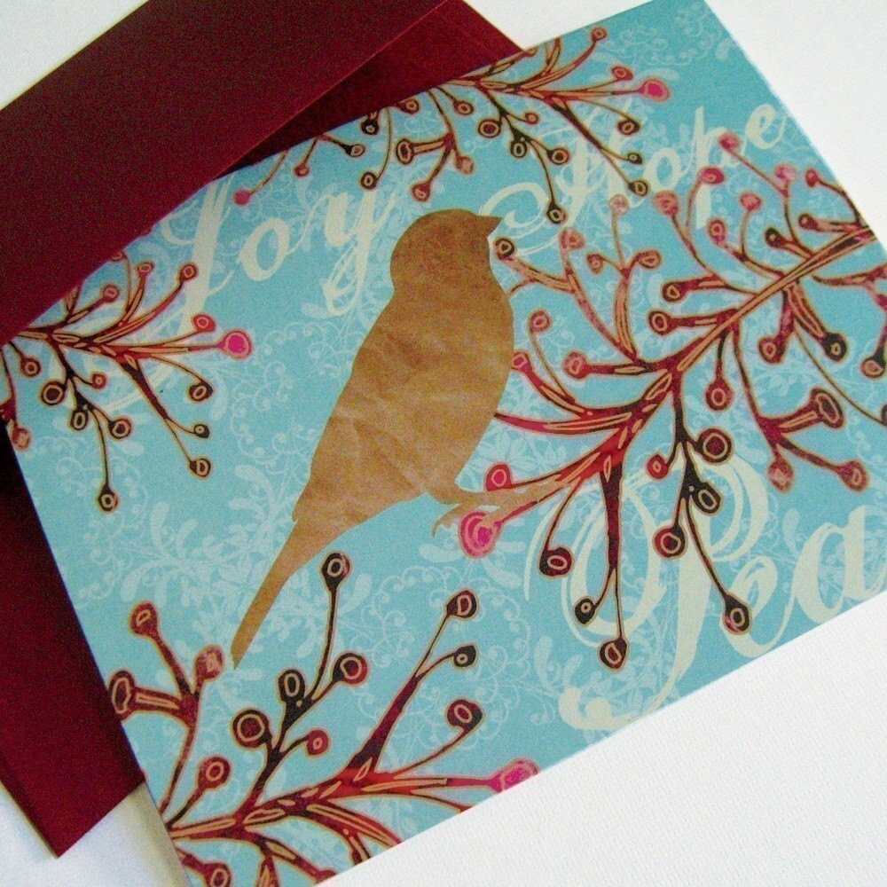 Greeting Card set of 8 - Cranberry Bird Branch - Peace, Joy, Hope
