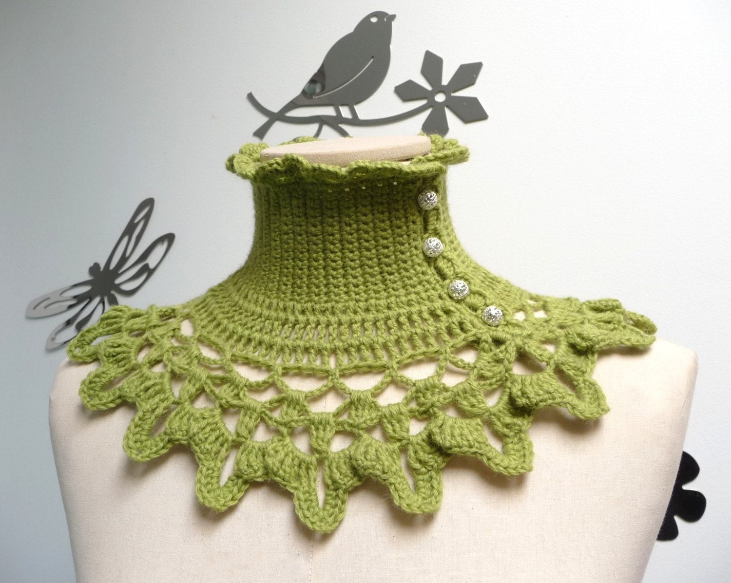 Lime Green Crochet Neckwarmer / Collar with turtleneck, ruffle neckline and lace collar - victorian, bohemian style - NINU'