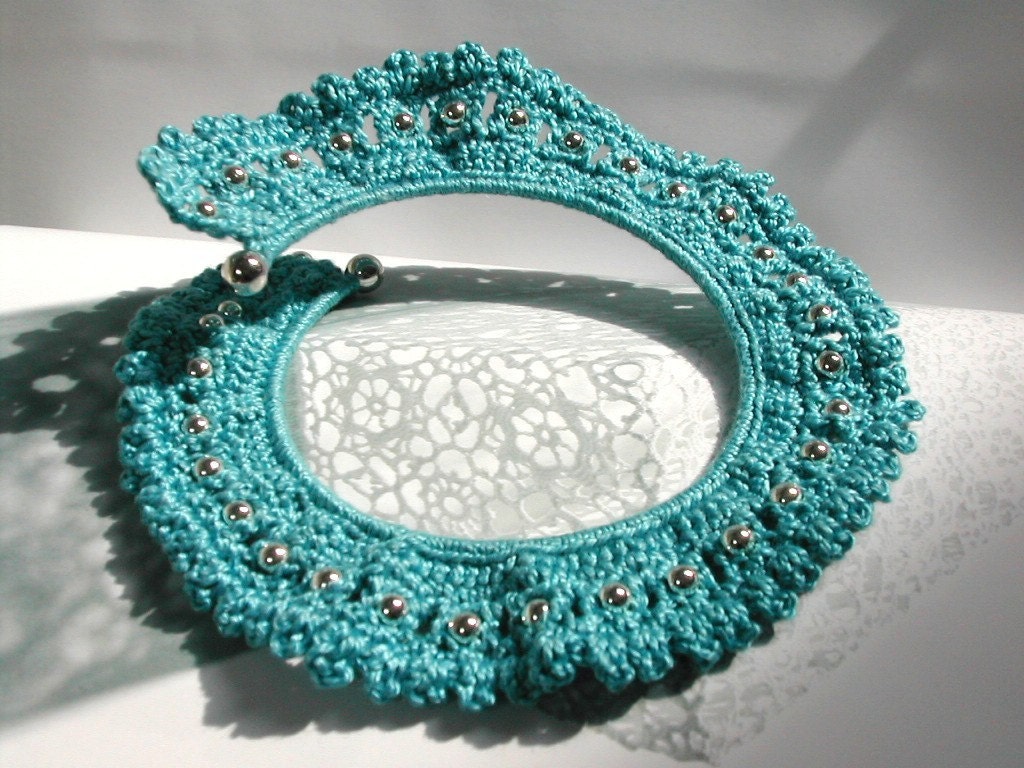 Bangle Crochet Bracelet - Turquoise Cotton with Silver Beads - Spring / Summer Jewelry