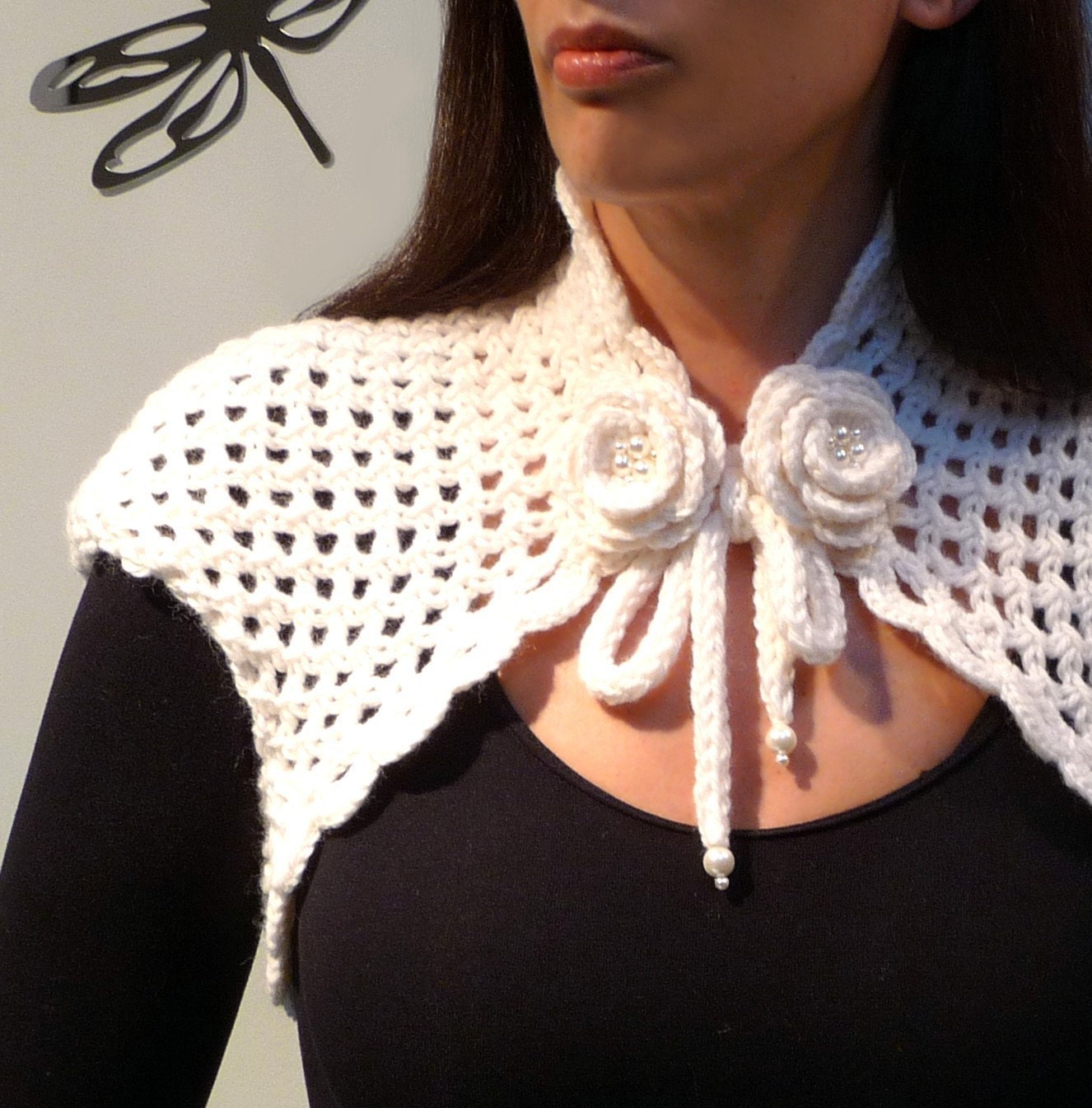 Knitted White Shrug - Lacy Wool Bolero with Crocheted Borders - WHITE GARDEN