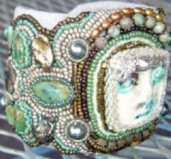 Queen of the Nile Hand Beaded Embroidered Raku Porcelain Gemstone Cuff Style Bracelet