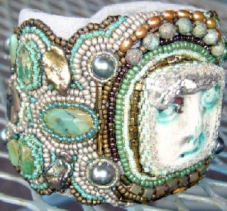 Queen of the Nile Hand Beaded Embroidered Raku Porcelain Gemstone Cuff Style Bracelet