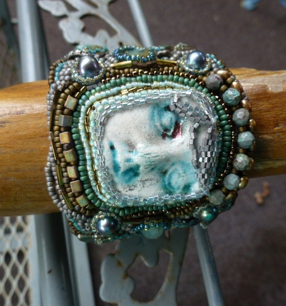 Queen of the Nile Hand Beaded Embroidered Raku Porcelain Gemstone Cuff Style Bracelet