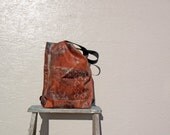 Tote Bag. Vintage German Decoration Fabric. Reddish Brown Abstract Art. Market Bag with Black Handles and Brown Buttons.