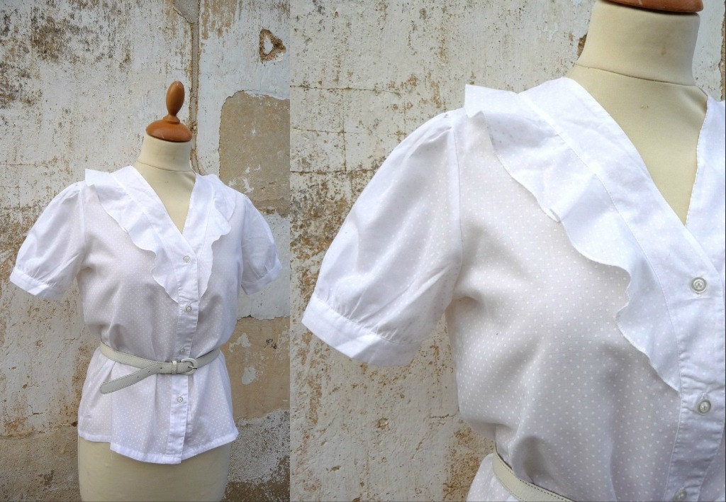 1980 ruffled polka dots plumetis blouse size S/M