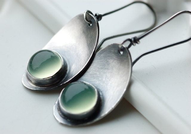 Luminous Earrings..Handmade..Sterling Silver Metalwork..Green Chalcedony Stone...Leaf..Modern Classy Everyday