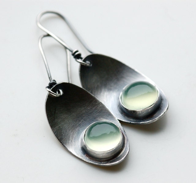 Luminous Earrings..Handmade..Sterling Silver Metalwork..Green Chalcedony Stone...Leaf..Modern Classy Everyday
