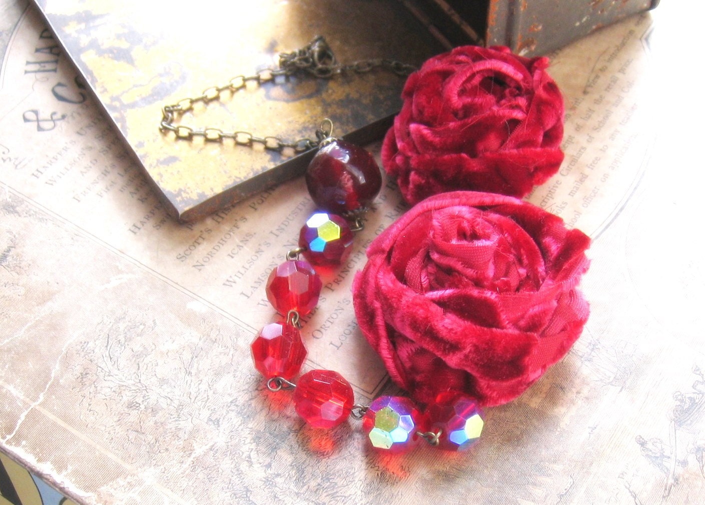 Shabby Fabric Roses Necklace Romance In Red