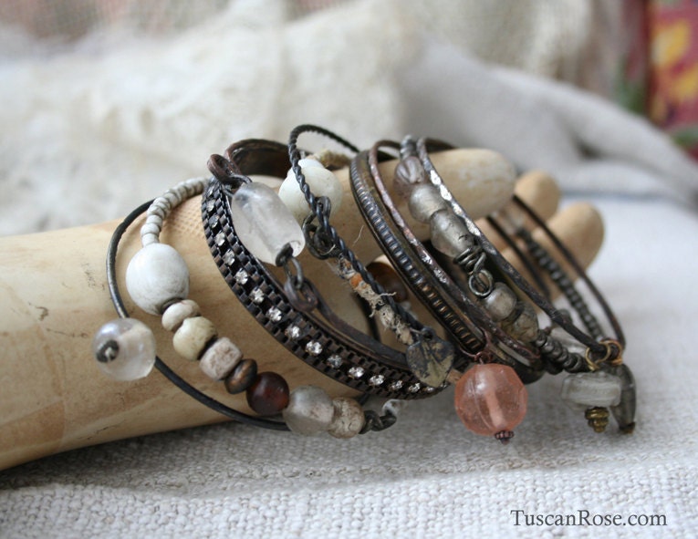 Bangle Stack 118b - set of 10 Bangles - urban gypsy bracelets - neutrals
