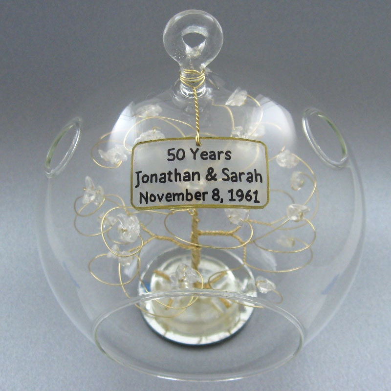 50th Anniversary Gift Personalized Ornament Gold with Quartz Crystal