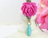 Rose Necklace - Large Magenta Pink Rose - Turquoise Stone Teardrop Bead - Brass Chain - Wedding Jewelry - JacarandaDesigns