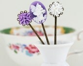 Girls Hair Pins - Purple and White Bobby Pins With Fairy Cameo and Vintage Style Flowers, Gift  For Girl, Floral Accessories