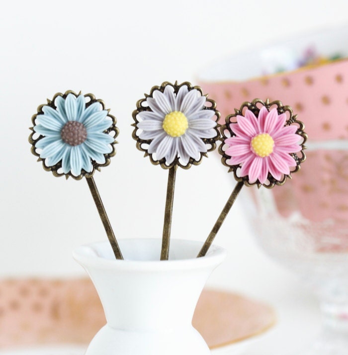 Sale - Daisy Hair Pins, Bobby Pins Antique Brass With Vintage Style Pink, Blue and Mauve Flowers