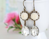 Ivory Flower Earrings - Clear Jewel - Bridal Earrings - Wedding Jewelry, Drop Earrings