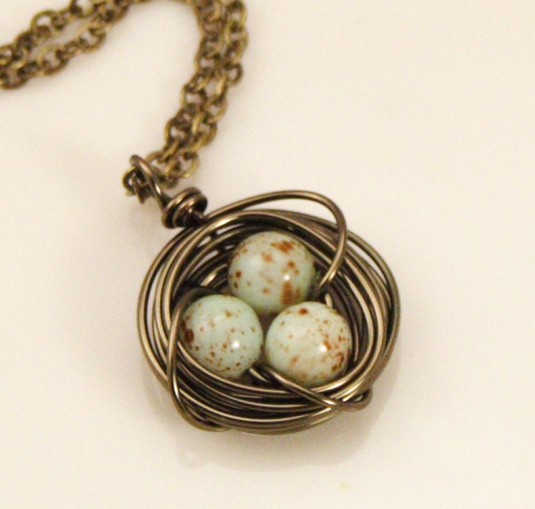 Rustic Bird Nest Necklace - Mottled Brown Green Eggs - Gift For Mom - Expectant Mom - Grandmother, Memorial Day Sale