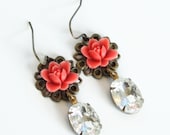 Coral Red Flower Clear Jewel Earrings - beautiful and elegant, Drop Earrings