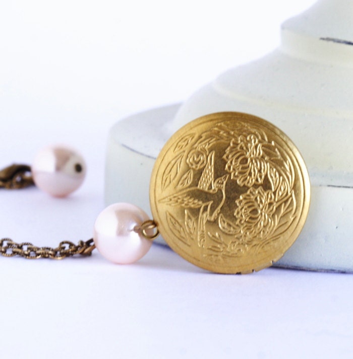 Locket - Soft Pink Pearl Brass Locket Necklace - Brass - Romantic Necklace For Your Loved One