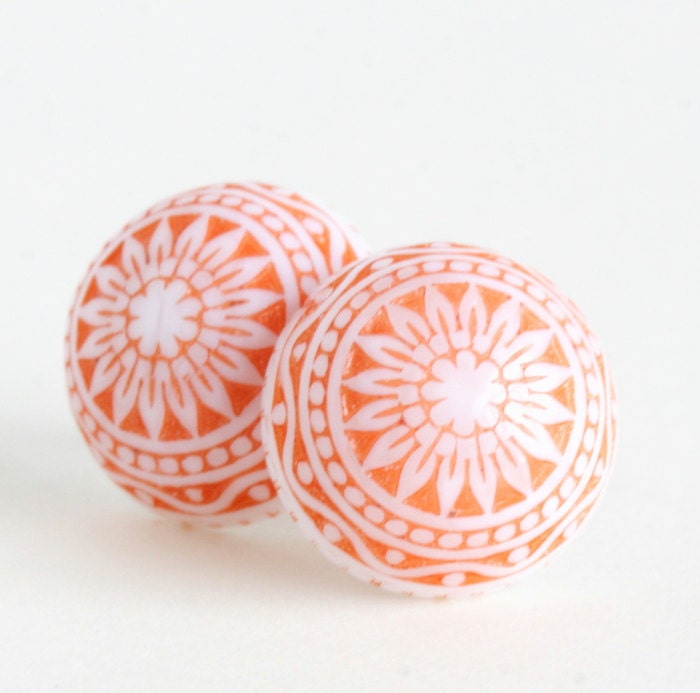 Scandanavian, Style, Orange Earrings, Tangerine Orange and White Vintage Lucite Cabochon Earrings  - Silver Plated Posts