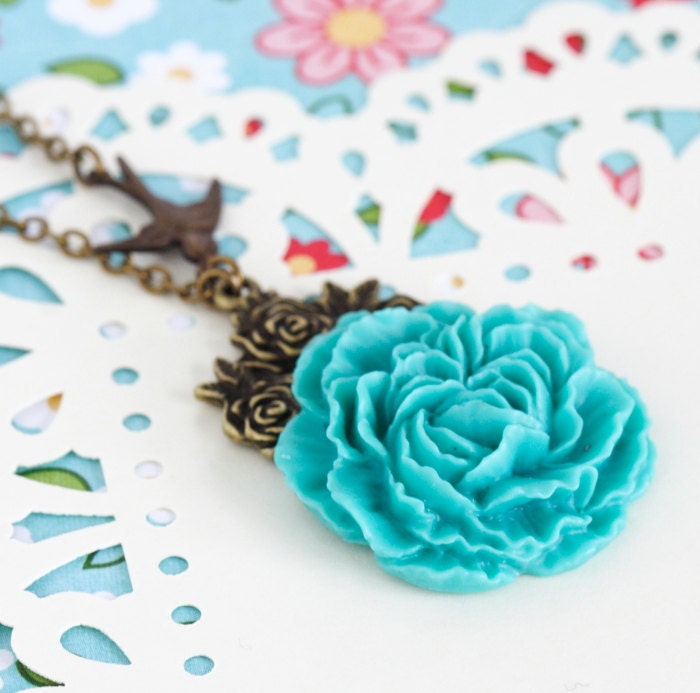 Statement Necklace, Flower Necklace, Teal Jewelry, Bird Necklace, Statement Jewelry, Bridesmaid Necklace