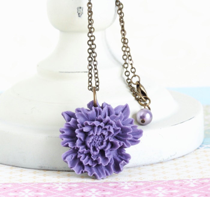 Purple Flower Necklace on a Brass Chain - JacarandaDesigns