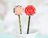 Sale - Peach and Coral Hair Pins, Bobby Pins Antique Brass With Vintage Style Flowers