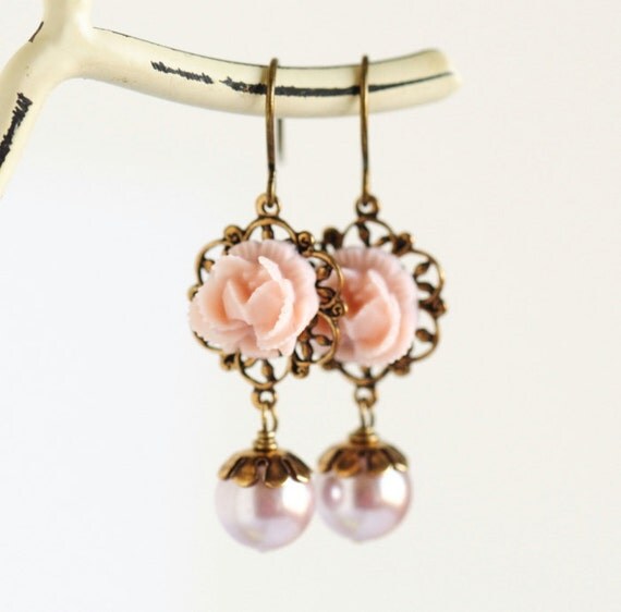 Pink Flower Earrings - Pink Jewelry - Wedding Jewelry - Pale Pink Earrings, Drop Earrings, Memorial Day Sale