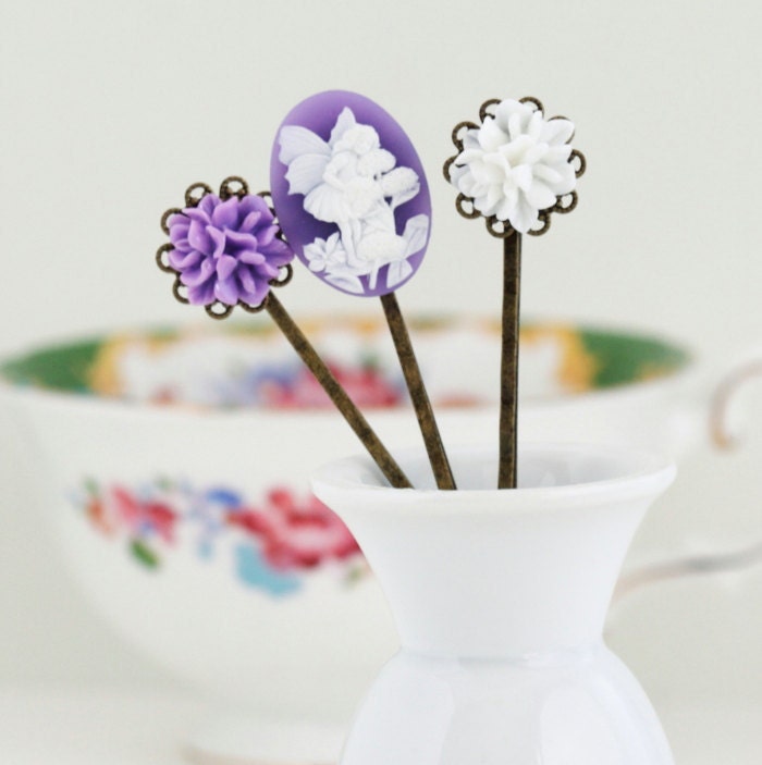 Sale - Girls Hair Pins - Purple and White Bobby Pins With Fairy Cameo and Vintage Style Flowers, Gift For Girl, Memorial Day Sale