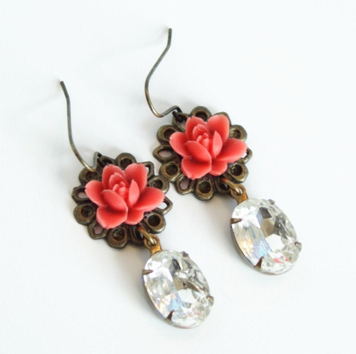 Coral Red Flower Clear Jewel Earrings - beautiful and elegant, Drop Earrings