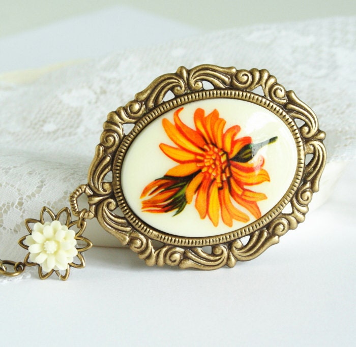 Statement Necklace, Vintage Cameo Necklace, Cameo Pendant, Orange Yellow, Decorative Brass Setting, Memorial Day Sale