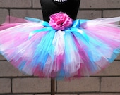 Custom Sewn Tutu - Sugar Berry - Pink Blue White - Includes a 10" tutu and a coordinating flower headband - size NB to 5T