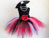 Red Black White Pirate Pixie Tutu and Hat Costume Set - Custom Sewn 15'' Pixie Tutu w/ Pirate Hat - Skull and Crossbones - sizes up to 5T