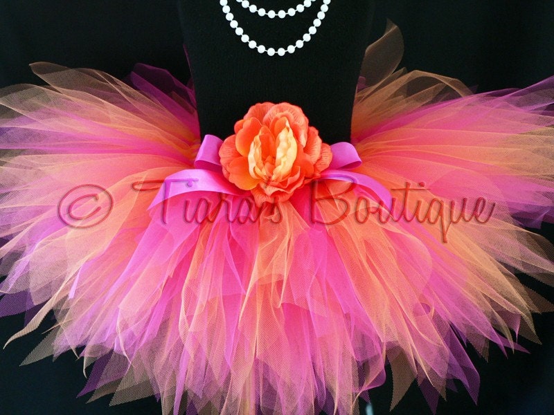 Girls Tutu Skirt - Birthday Tutu - Orange Pink Tutu - Shine - Custom Sewn 8" Pixie Tutu - Fuchsia Orange - up to 12 months - Photo Prop Tutu