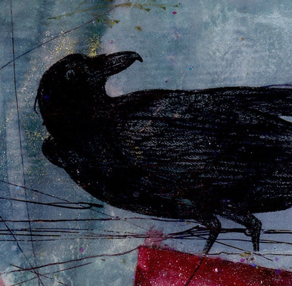 Crow - Original Mixed Media Collage Art In Frame Ready Mat - Contemporary Modern EBSQ