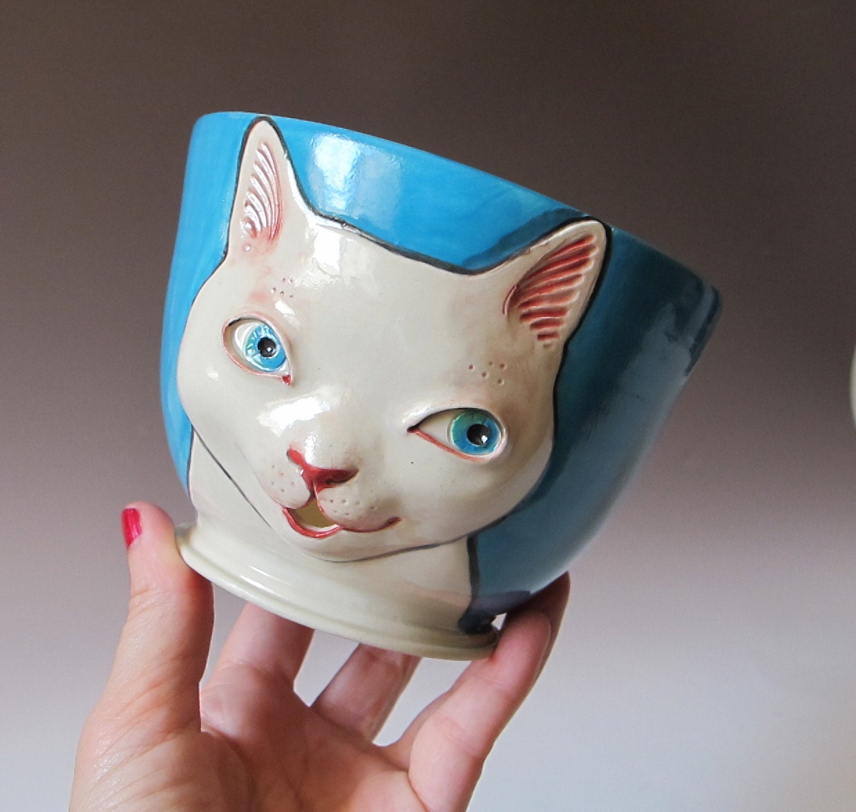White Cat Yarn Bowl - sculpted kitty against Turquoise Background