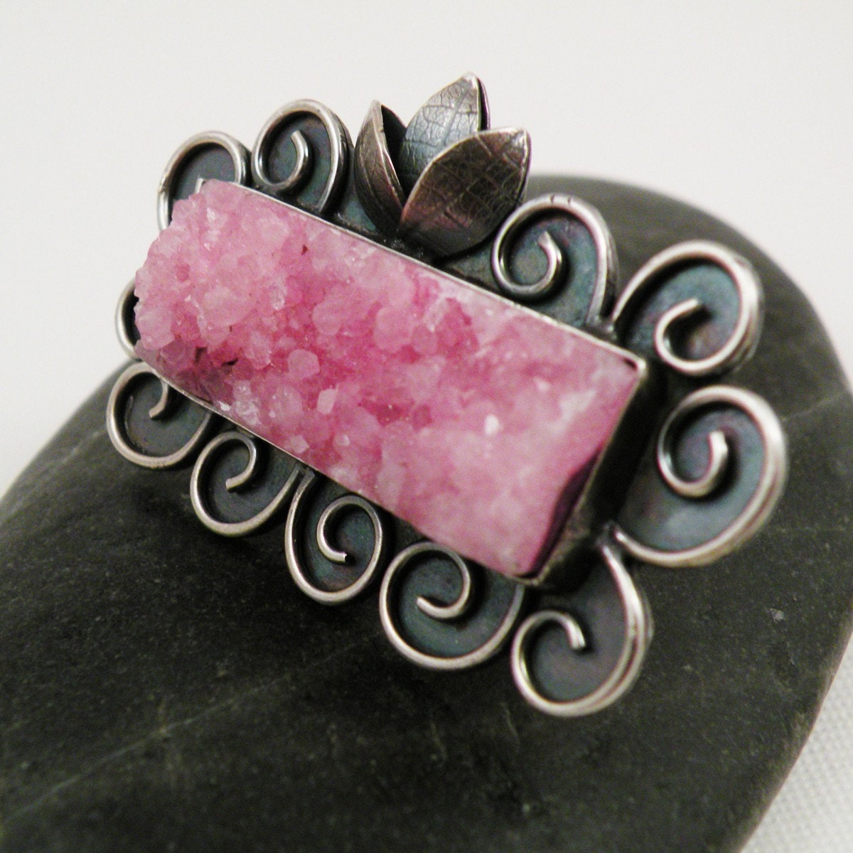 RESERVED Druzy Ring Sterling Silver Large Pink Stone Statement Jewelry Size 9 - Flourish