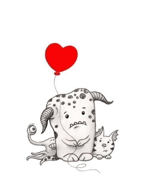 Love Monster Print- Red Balloon Heart Art