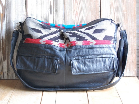 Tundra in reclaimed black leather and navajo fabric