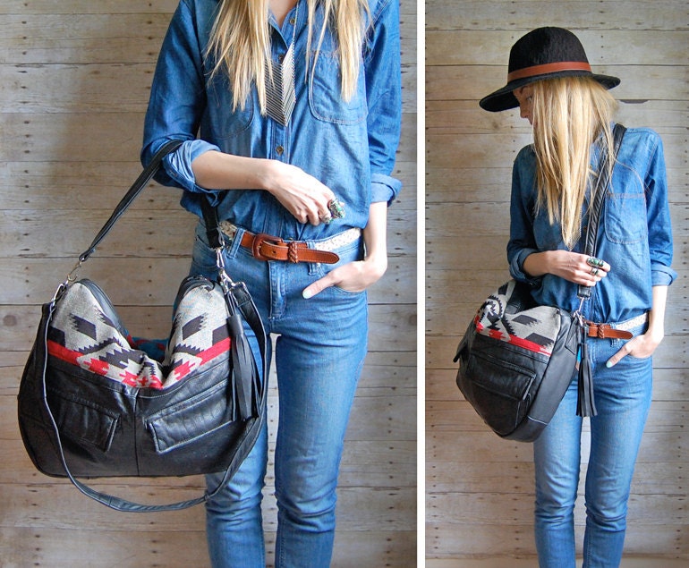 Tundra in reclaimed black leather and navajo fabric